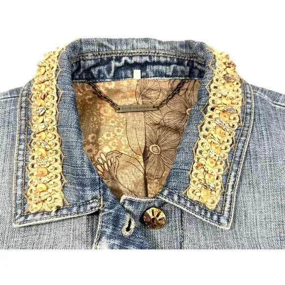 Elie Tahari Womens Beaded Collar Denim Jacket Floral Lining Button Front Size L - Picture 7 of 16